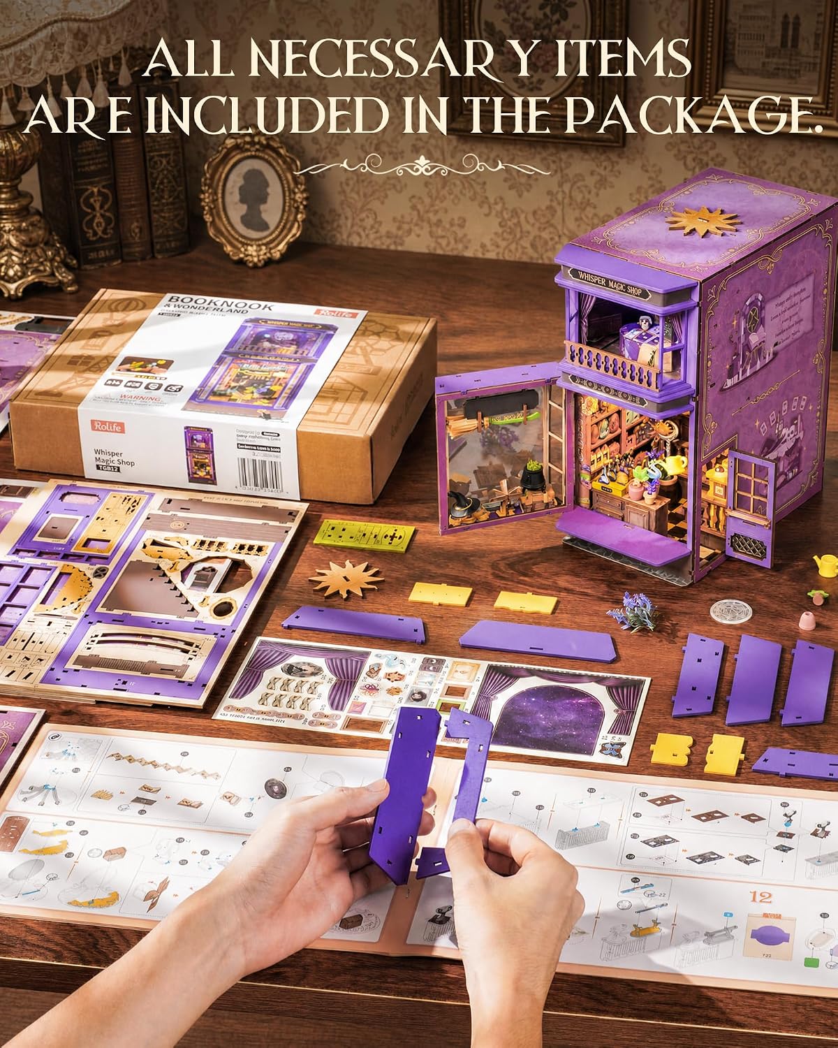 Rolife Whisper Magic Shop DIY book nook kit contents with purple panels, miniature parts, illustrated instructions and finished model