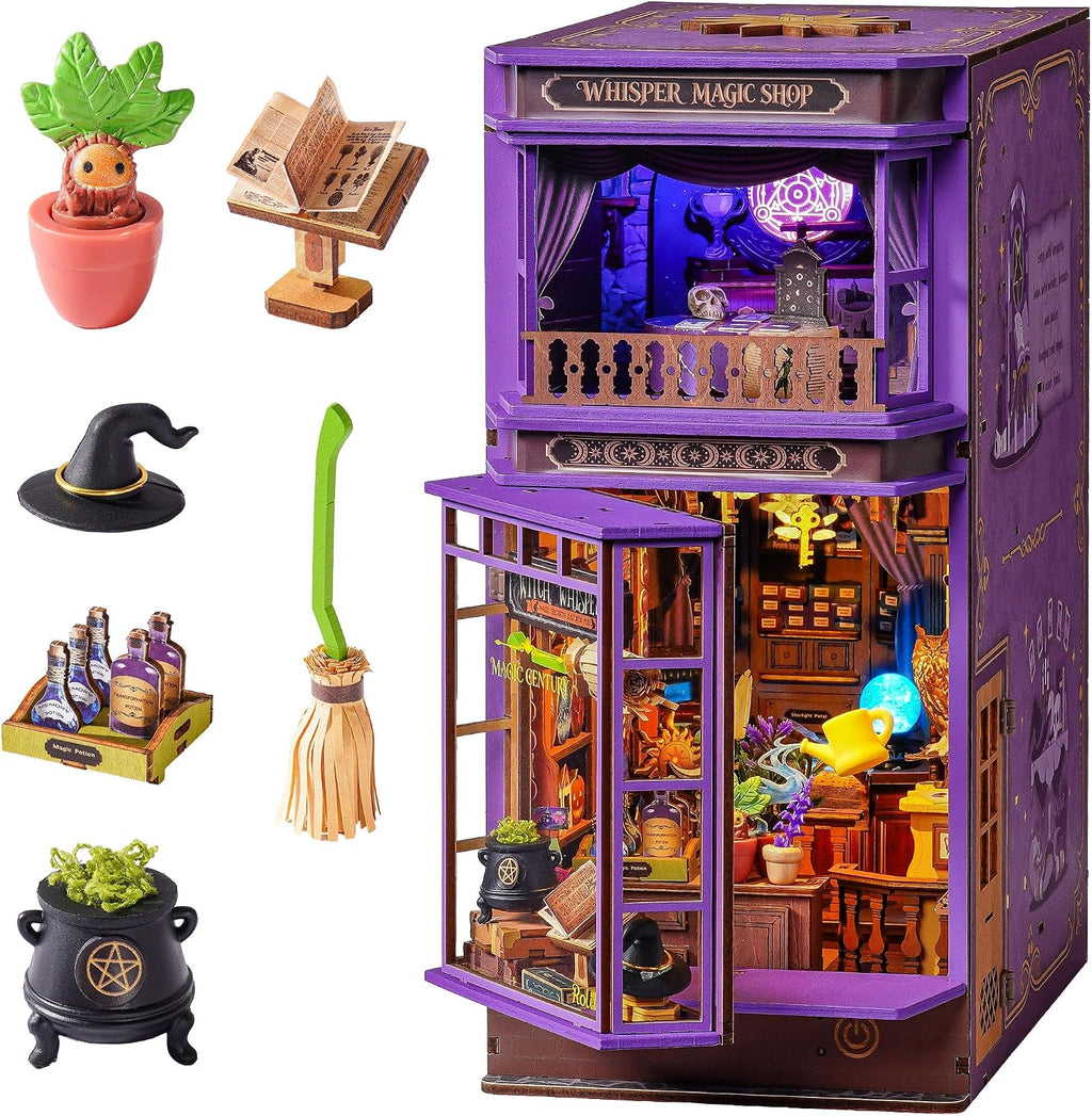 Rolife Whisper Magic Shop miniature accessories including magical plant, spellbook, witch hat, potion bottles, broom and cauldron