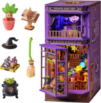 Rolife Whisper Magic Shop miniature accessories including magical plant, spellbook, witch hat, potion bottles, broom and cauldron