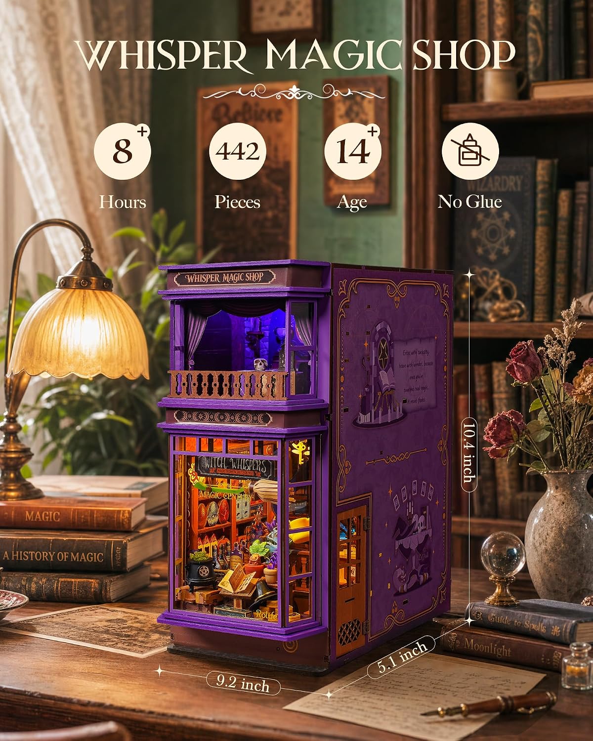 Rolife Whisper Magic Shop book nook with open side panel, detailed interior and 10.4 inch finished height