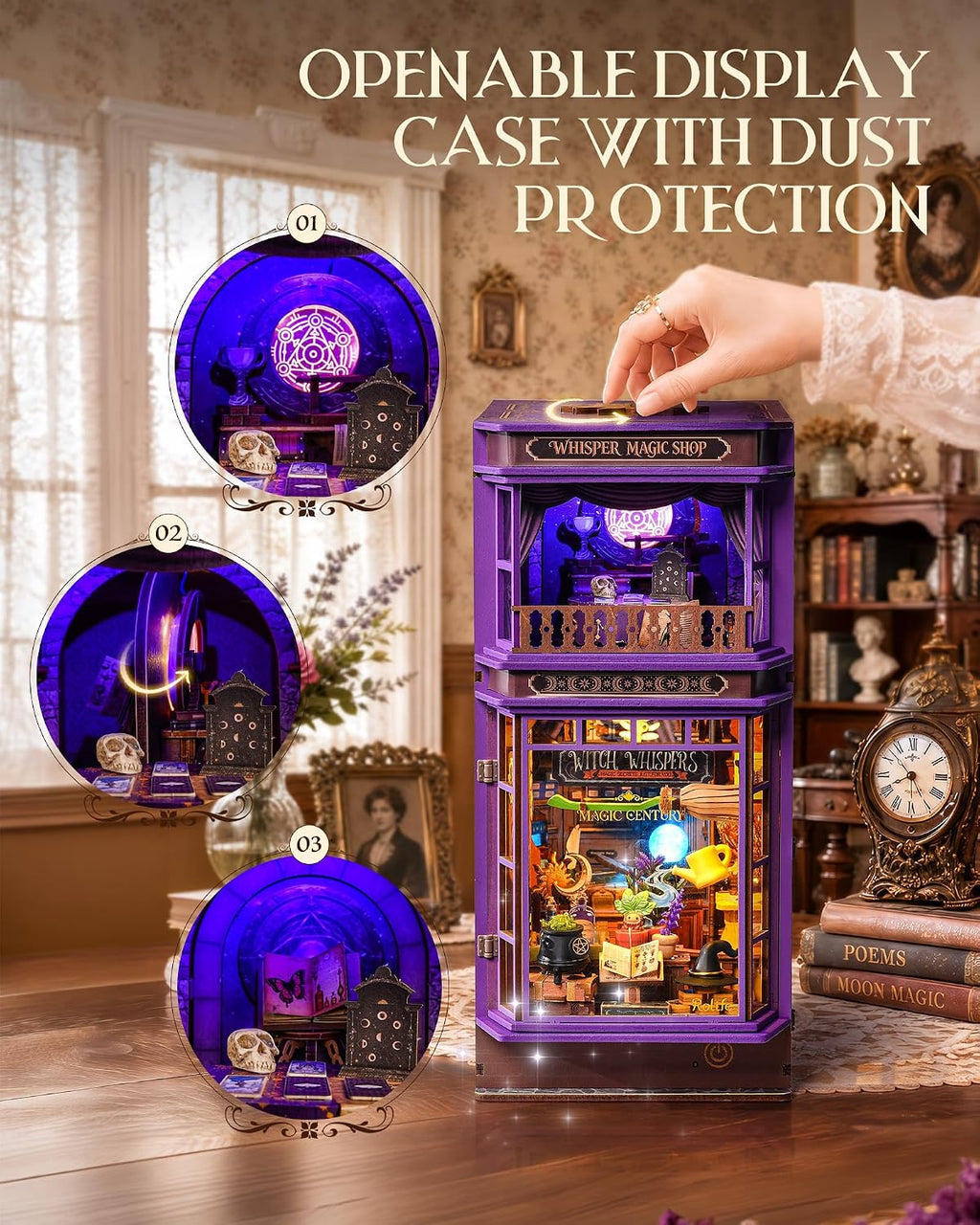 Rolife Whisper Magic Shop book nook with openable transparent front panel and dust protection for the miniature interior