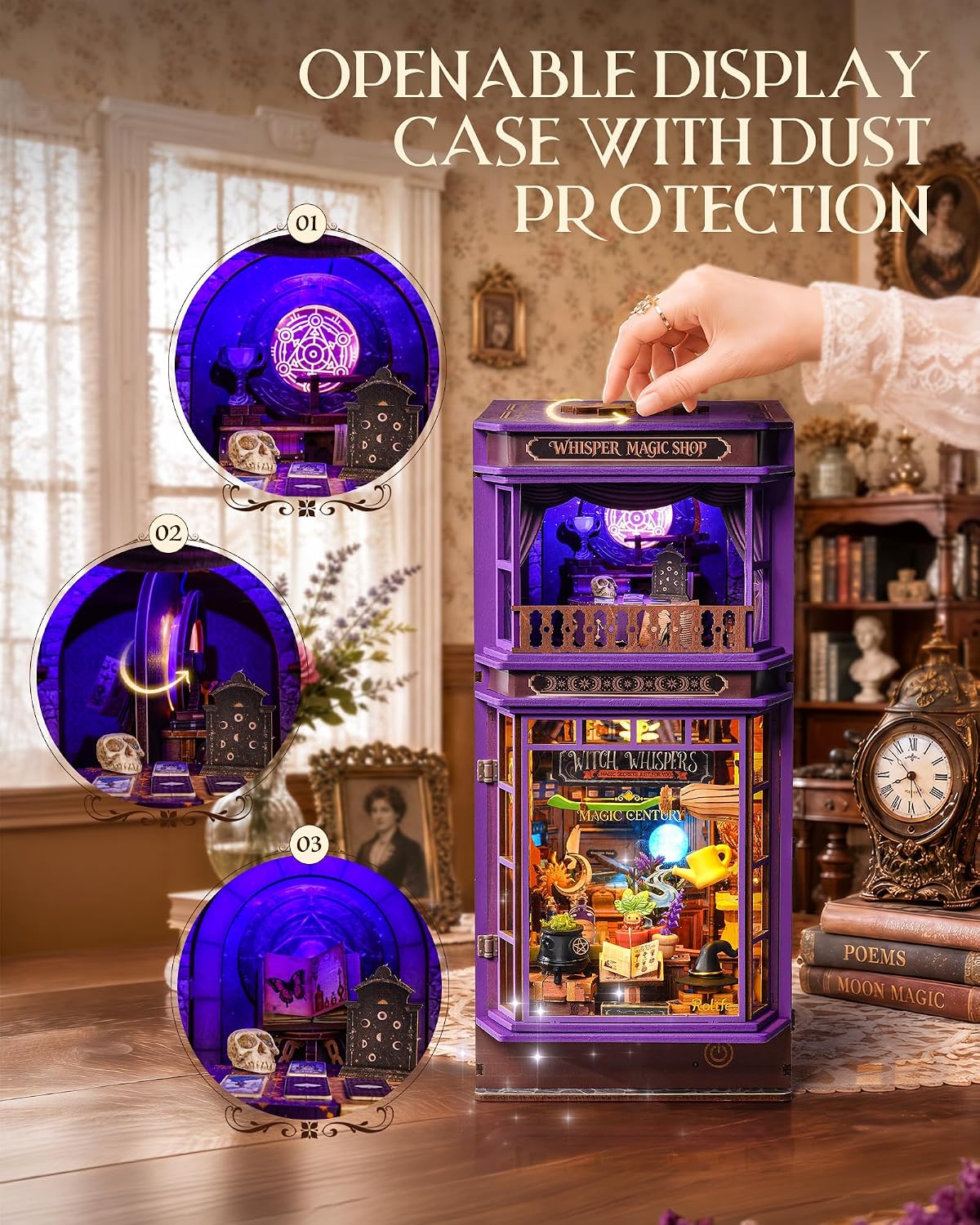 Rolife Whisper Magic Shop book nook with openable transparent front panel and dust protection for the miniature interior