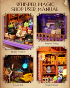 Rolife Whisper Magic Shop DIY book nook user manual showing the display window, fortune telling area, crystal ball and magic cabinet