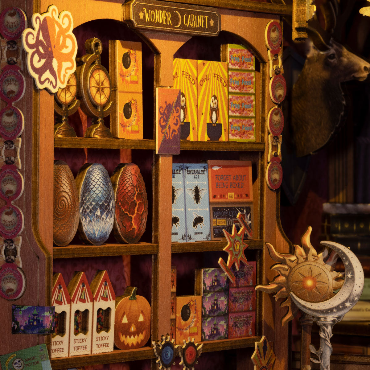 Rolife Whisper Magic Shop Wonder Cabinet filled with magical books, dragon eggs, fantasy treats and mystical objects