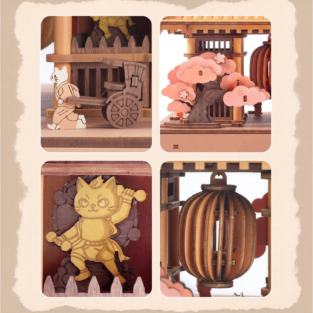 Close-up collage of the Rowood Sacred Sakura Temple showing a cat pulling a wooden cart, pink cherry blossom branches, a golden guardian cat and a hanging wooden lantern