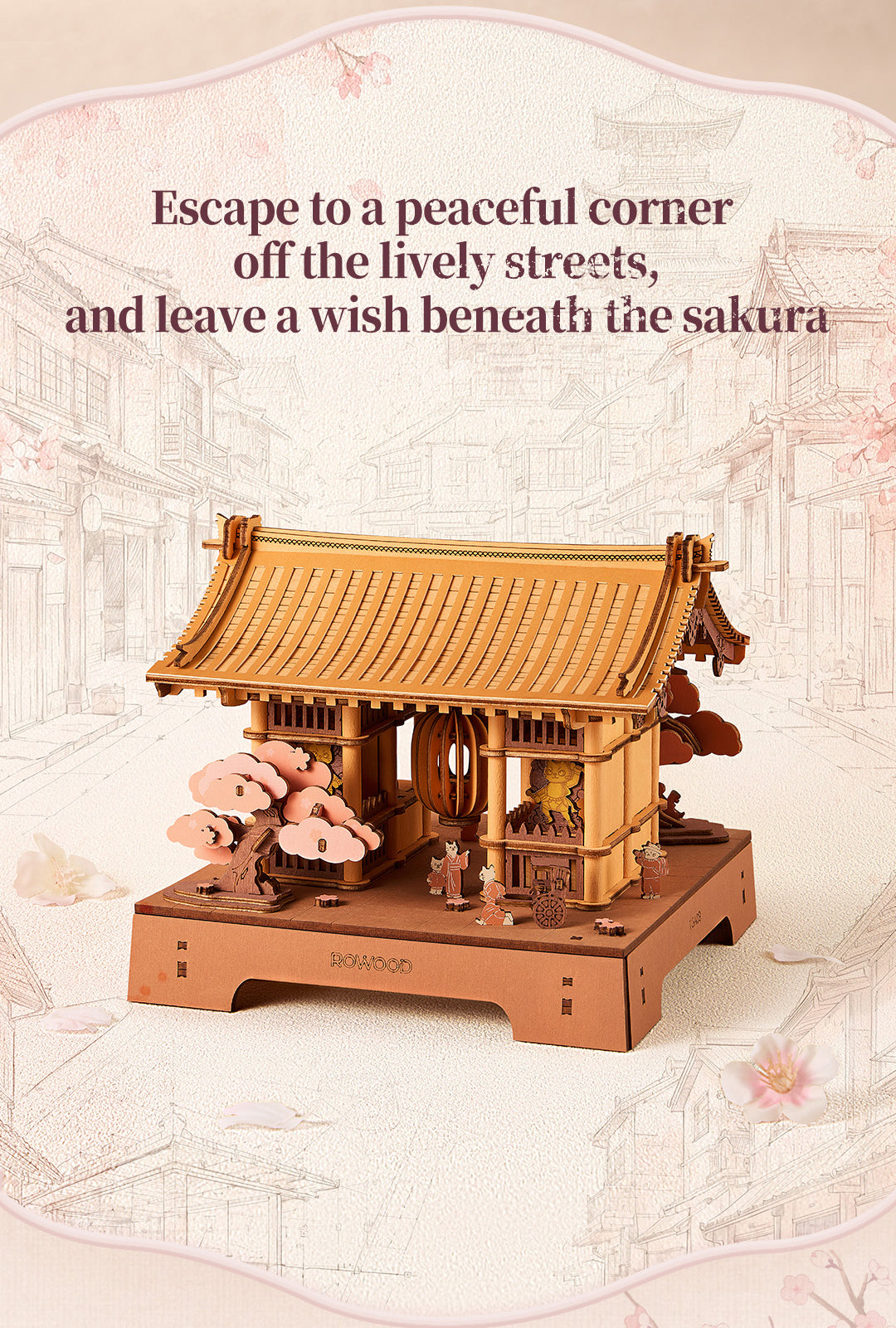 Rowood Sacred Sakura Temple 3D Wooden Puzzle presented against a soft Japanese street illustration with pink cherry blossom petals