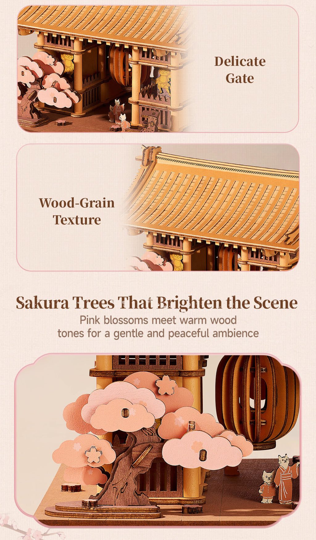 Rowood Sacred Sakura Temple detail collage highlighting the intricate wooden gate, natural wood-grain roof, layered pink cherry blossom trees and miniature temple figures