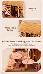 Rowood Sacred Sakura Temple detail collage highlighting the intricate wooden gate, natural wood-grain roof, layered pink cherry blossom trees and miniature temple figures