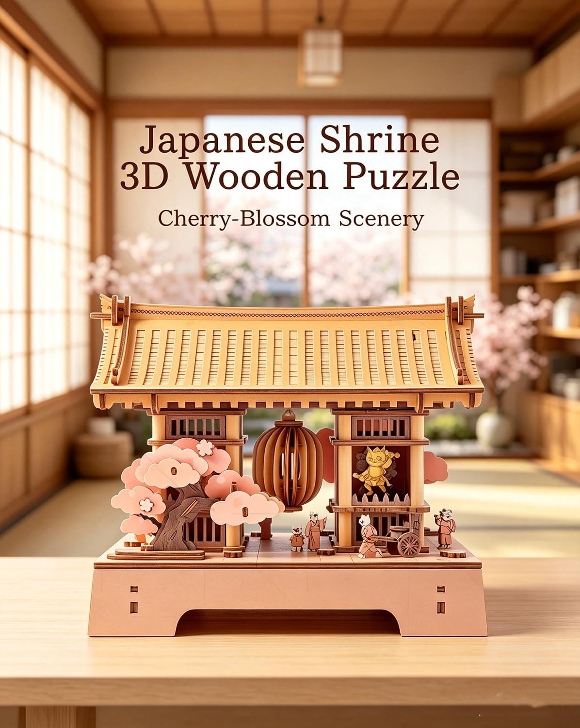 Rowood Sacred Sakura Temple 3D wooden puzzle displayed in a Japanese-inspired room with cherry blossom scenery and a traditional wooden shrine gate