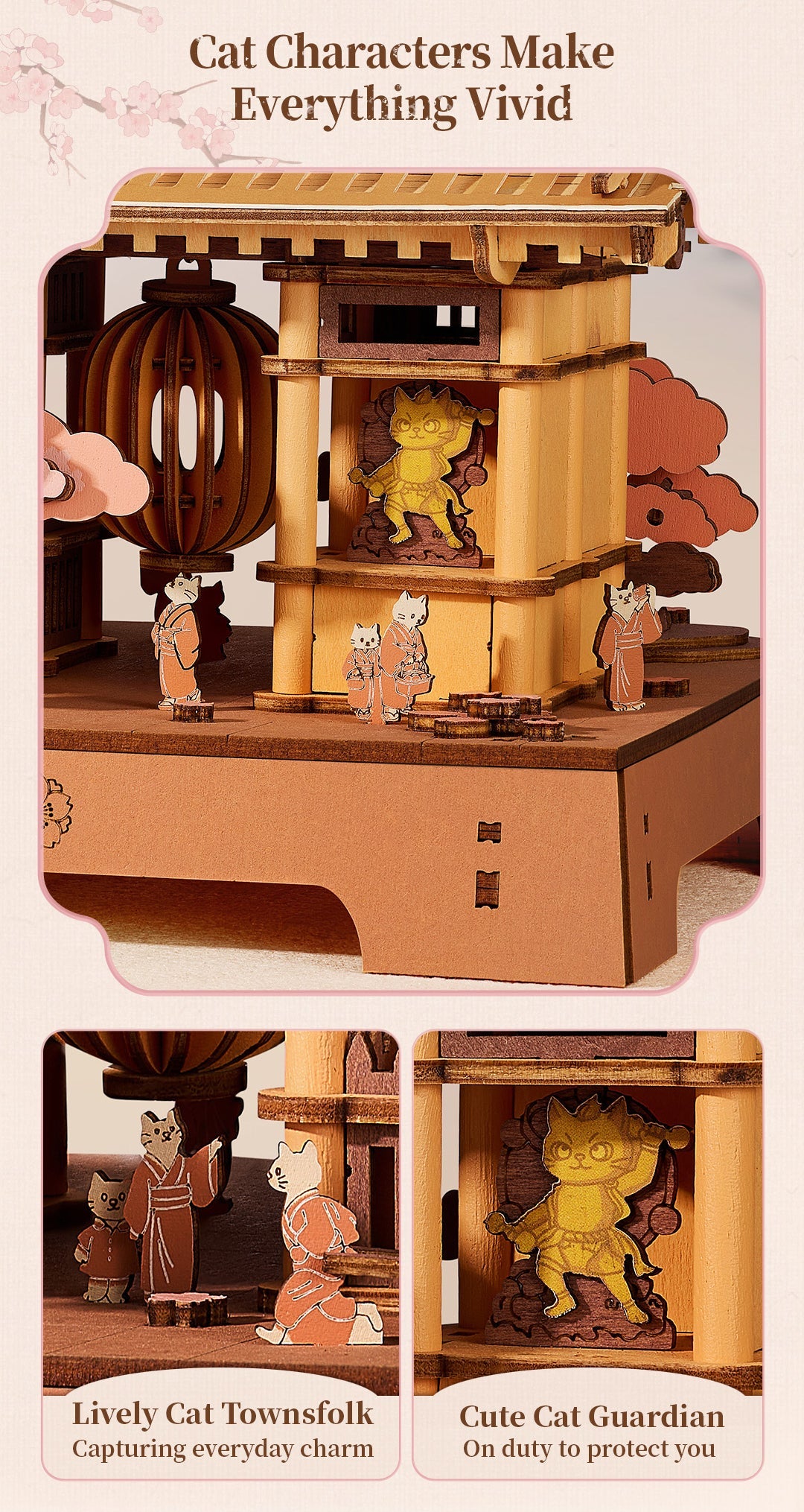 Rowood Sacred Sakura Temple close-up showing miniature cat characters in traditional Japanese clothing and a golden cat guardian figure inside the shrine