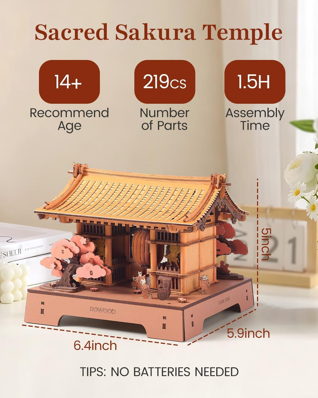 Rowood Sacred Sakura Temple wooden puzzle showing 219 pieces, 1.5-hour assembly time, recommended age 14+ and assembled dimensions of 16.3 × 15 × 13.4 cm