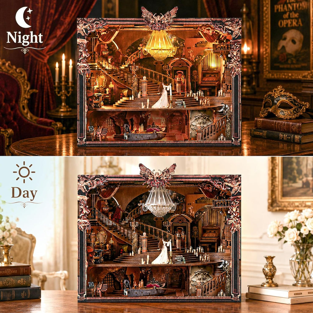 The Phantom of the Opera MAX Book Nook shown with LED lighting in day and night settings