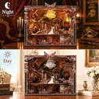 The Phantom of the Opera MAX Book Nook shown with LED lighting in day and night settings