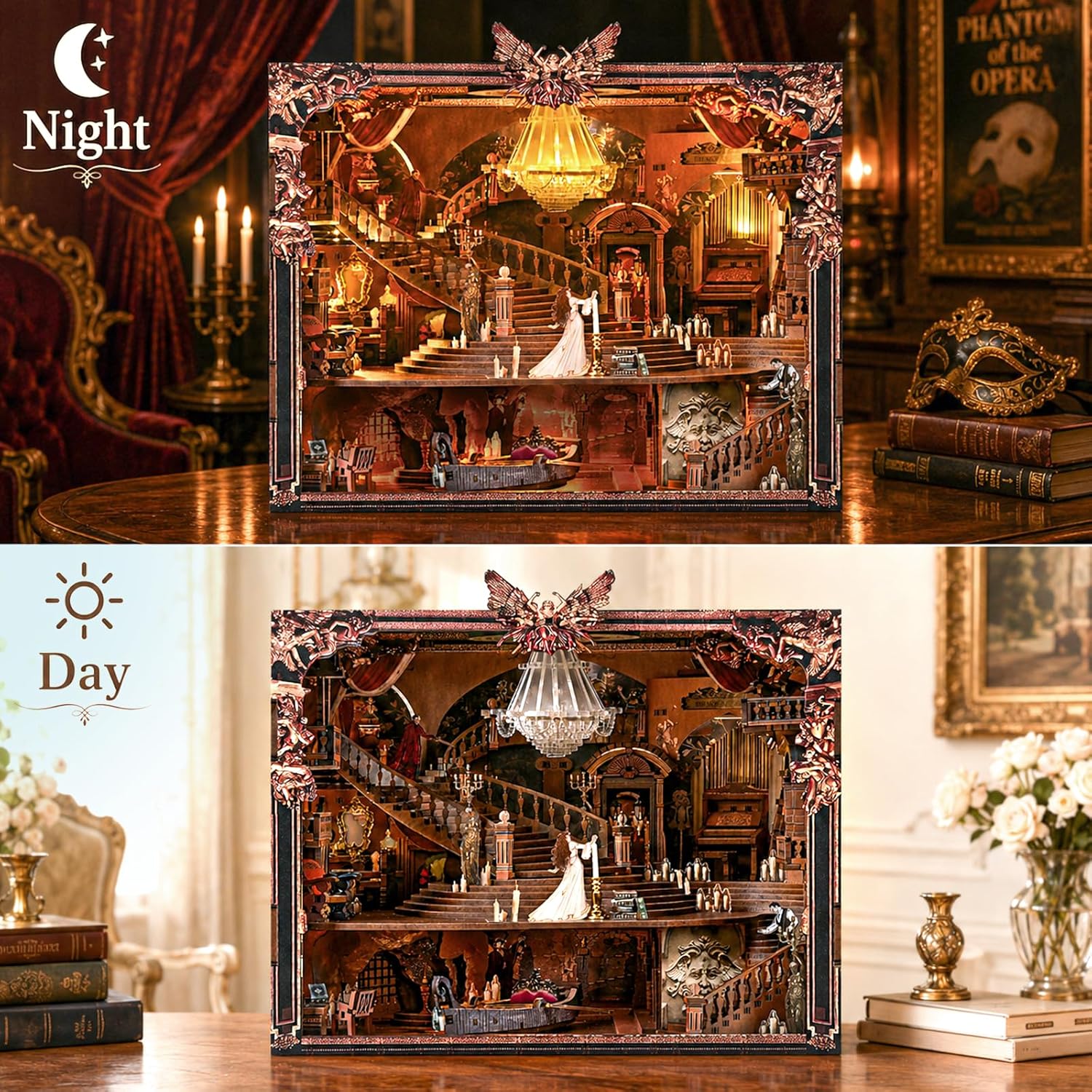 The Phantom of the Opera MAX Book Nook shown with LED lighting in day and night settings