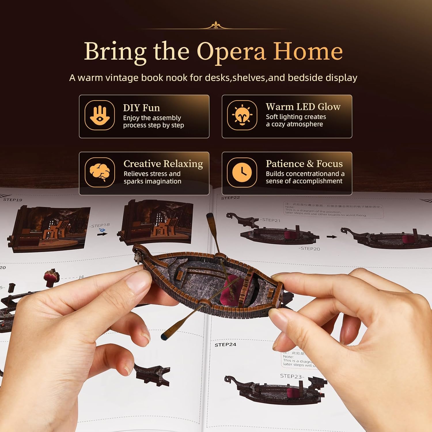 Assembling The Phantom of the Opera MAX DIY Book Nook Kit with step-by-step instructions