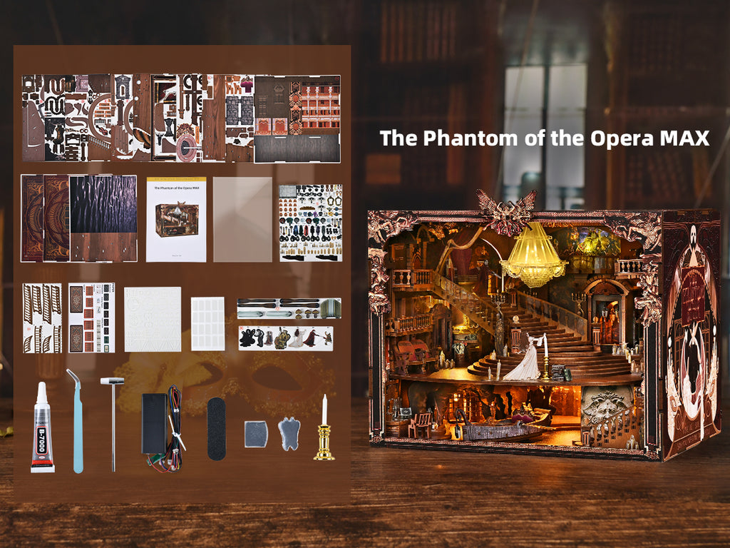 The Phantom of the Opera MAX DIY Book Nook Kit contents with wooden pieces, accessories and LED components