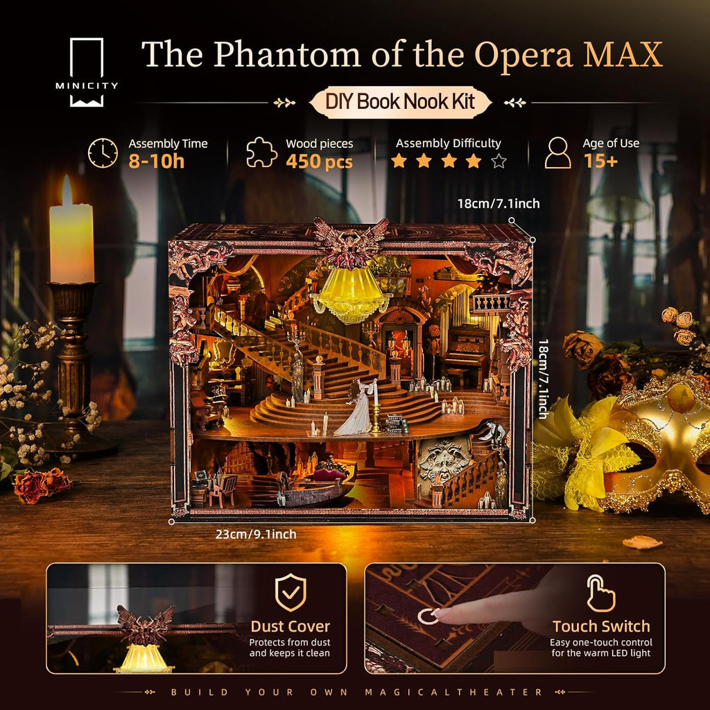 The Phantom of the Opera MAX DIY Book Nook Kit features, dimensions and 450-piece assembly