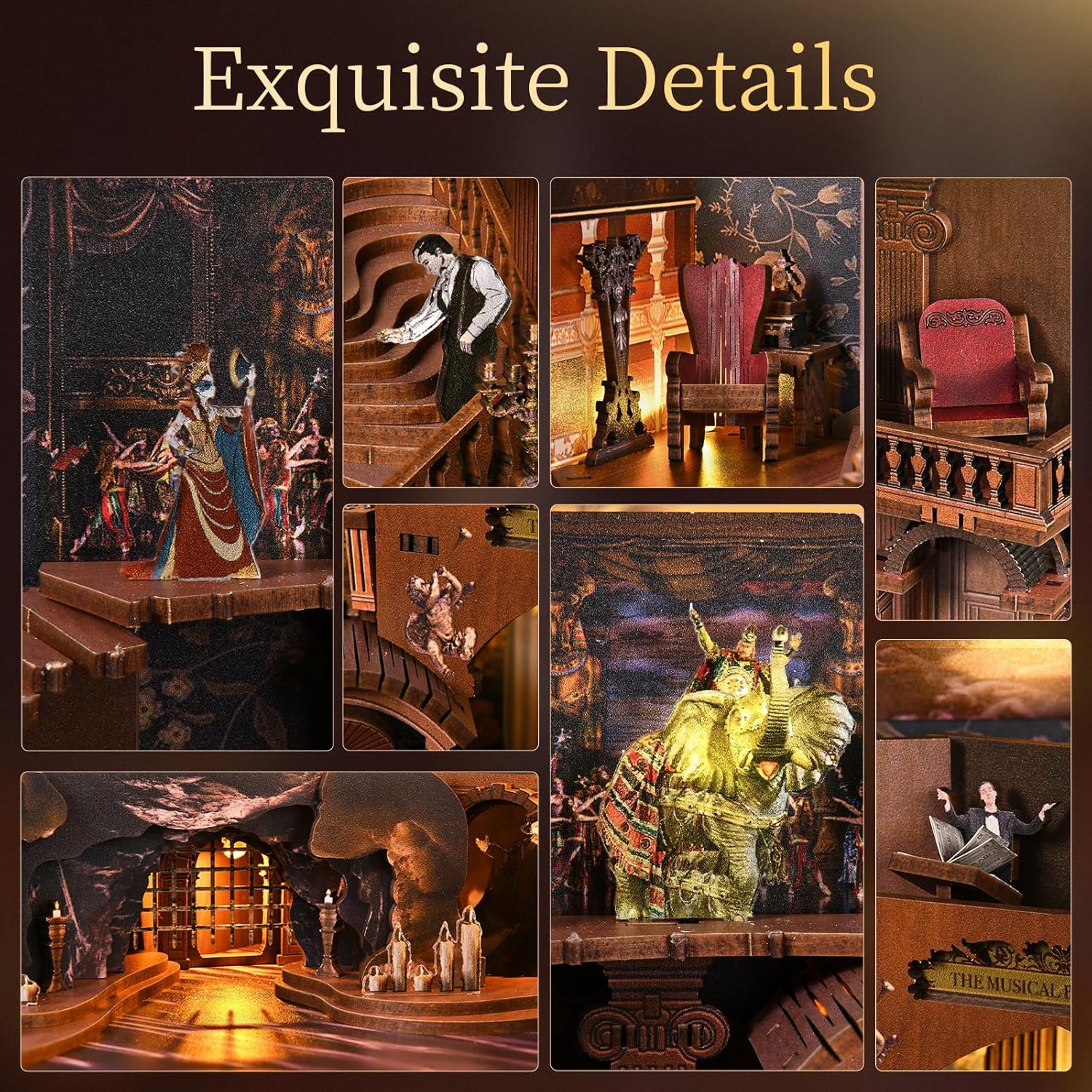 Detailed miniature theatre scenes and decorations in The Phantom of the Opera MAX Book Nook